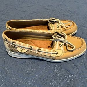 Sperry Top-Sider Womens Tan Multicolor Leather Fabric Boat Shoes Sz US 9.5